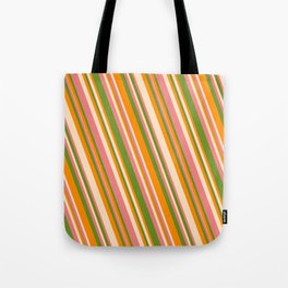 [ Thumbnail: Green, Dark Orange, Bisque, and Light Coral Colored Lines Pattern Tote Bag ]