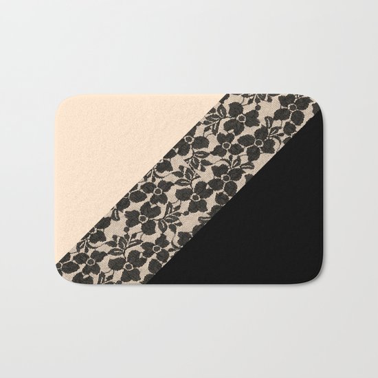 Elegant Peach Ivory Black Floral Lace Color Block Bath Mat