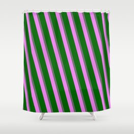 [ Thumbnail: Dim Grey, Violet, and Dark Green Colored Lines Pattern Shower Curtain ]