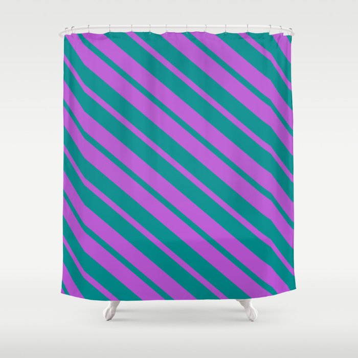Orchid and Dark Cyan Colored Striped/Lined Pattern Shower Curtain