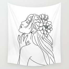 Asian Woman With Flowers Black & White Line Artwork Wall Tapestry