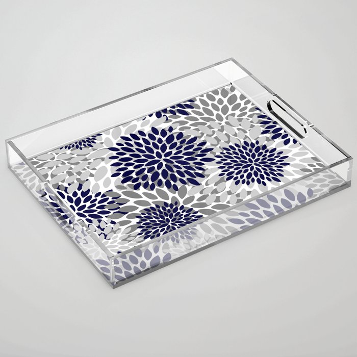 Abstract, Floral Prints, Navy Blue and Grey Acrylic Tray
