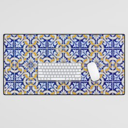 Close-up of blue, white and yellow ceramic wall tiles in Tavira, Portugal Desk Mat