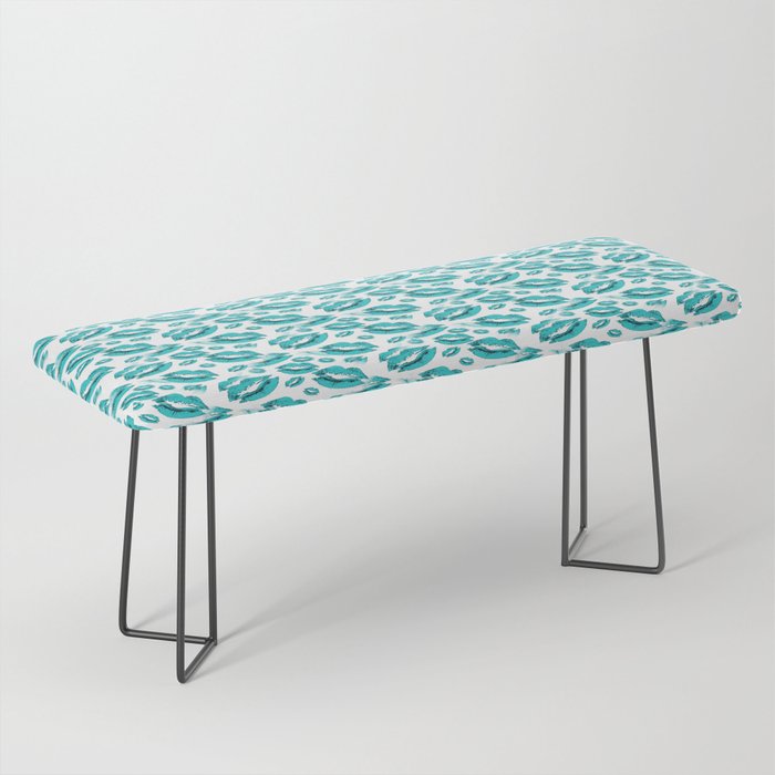 Two Kisses Collided Turquoise Lips Pattern On White Background Bench