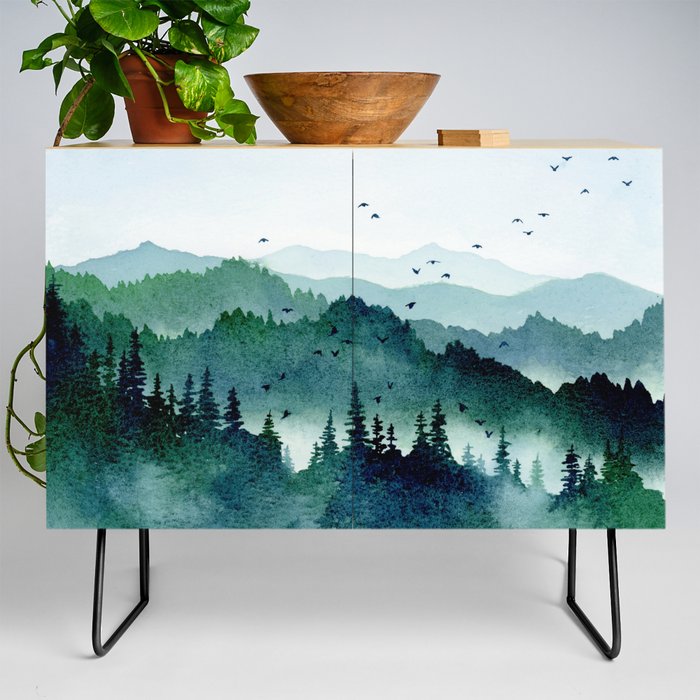 Watercolor Mountains - Handpainted Landscape Art Pine Trees Forest Wanderlust Credenza