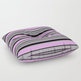 [ Thumbnail: Plum, Black, Gray, and Dark Grey Colored Striped/Lined Pattern Floor Pillow ]