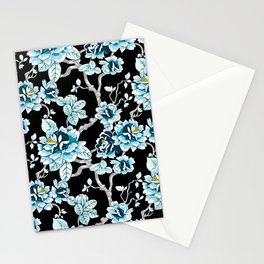 Spring Flowers Pattern Blue on Black Stationery Card