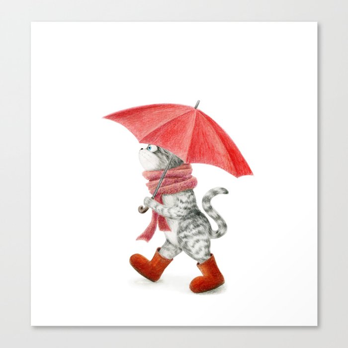 Tabby Cat with a red umbrella Canvas Print