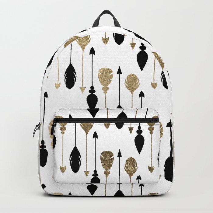 Elegant bohemian black faux gold arrows feathers Backpack