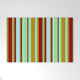[ Thumbnail: Light Green, Dark Goldenrod, Dark Red, and Turquoise Colored Lines/Stripes Pattern Welcome Mat ]
