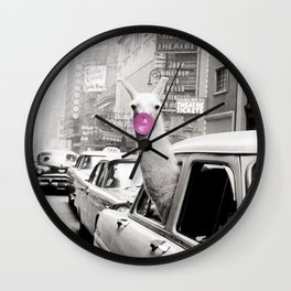 Perfect Pink Bubble Gum Llama taking a New York Taxi black and white photograph Wall Clock