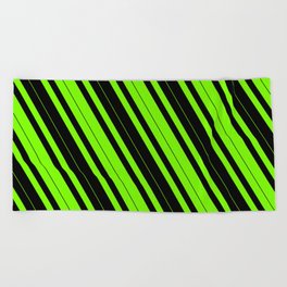[ Thumbnail: Green & Black Colored Striped/Lined Pattern Beach Towel ]
