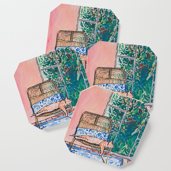 Napping Ginger Cat in Pink Jungle Garden Room Coaster