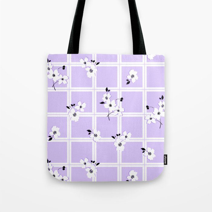 Lavender Floral Grid Tote Bag