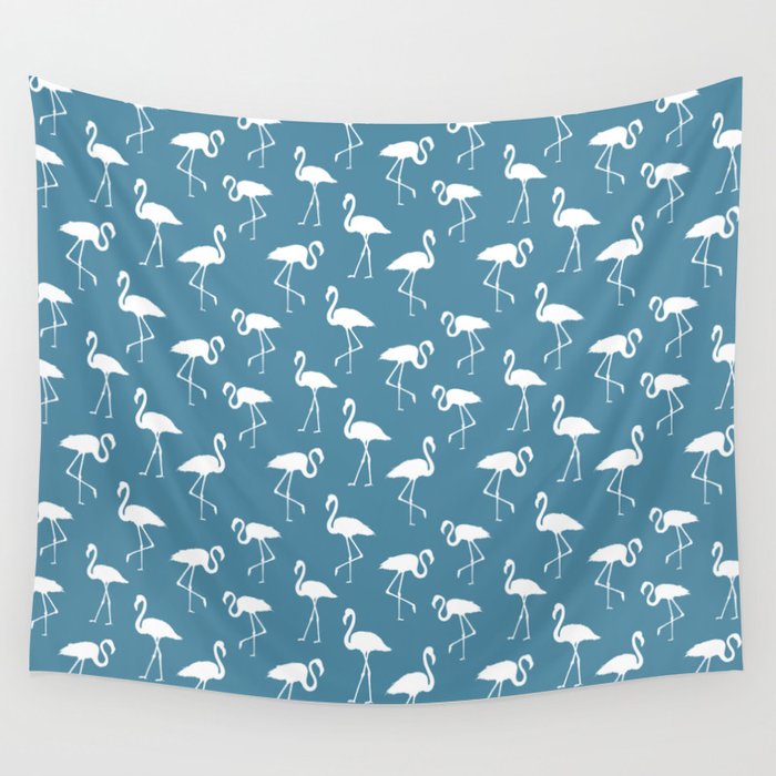 White flamingo silhouettes seamless pattern on blue background Wall Tapestry