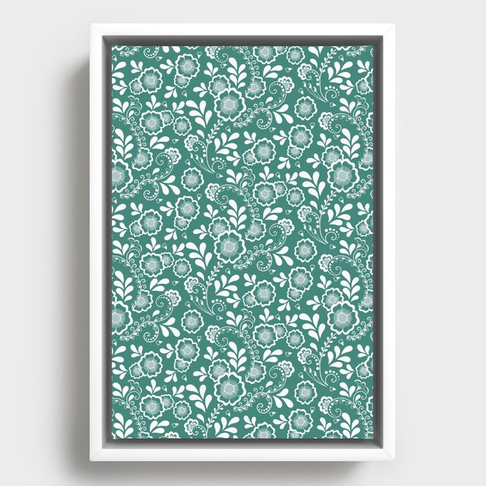 Green Blue And White Eastern Floral Pattern Framed Canvas