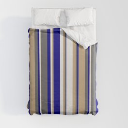 [ Thumbnail: Tan, Dim Grey, Dark Blue & White Colored Striped/Lined Pattern Duvet Cover ]