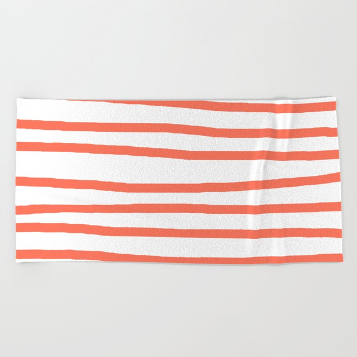 Simply Drawn Stripes in Deep Coral Beach Towel