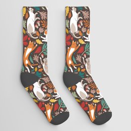 Autumn joy // brown oak background cats dancing with many leaves in fall colors Socks