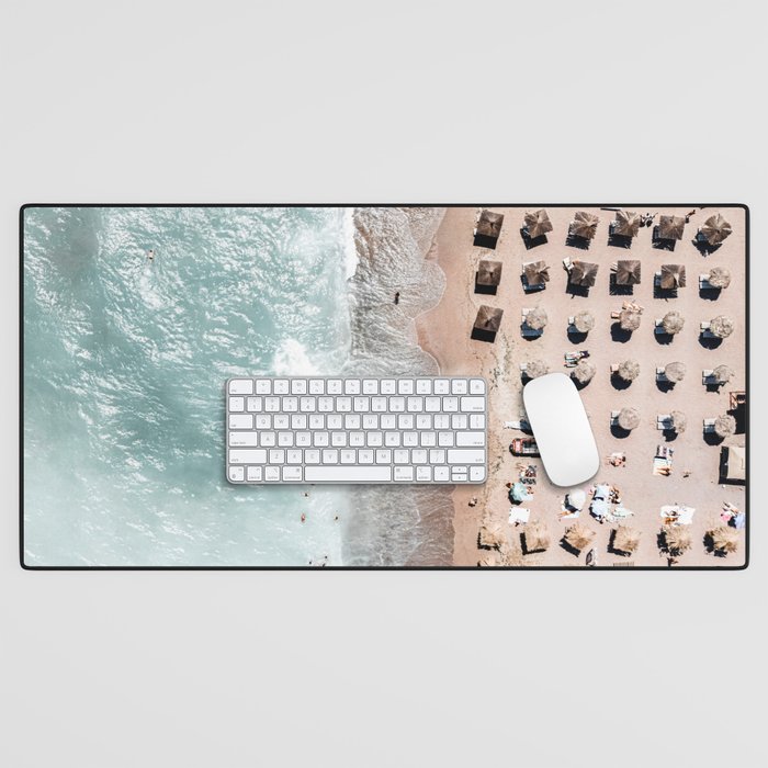 People Crowd Beach, Aerial Blue Ocean Beach Summer Vibes, Aerial Beach, Sea Beach Print, Blue Ocean Art Print Desk Mat