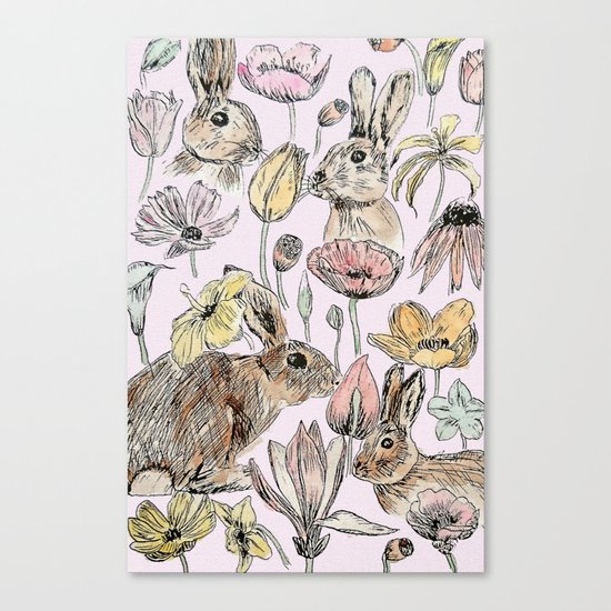 rabbits and flowers with color Canvas Print