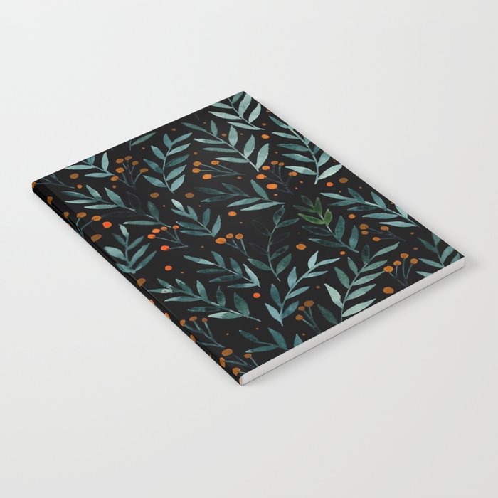 Festive watercolor branches - black, teal and orange Notebook
