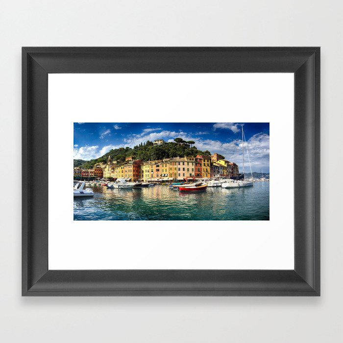 Low Angle Panoramic View of Portofino Harbor, Liguria, Italy Framed Art Print