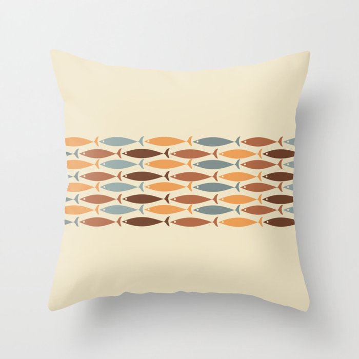 Fish Stripe Mid-Century Modern Minimalism in Slate Blue Brown Orange Beige Throw Pillow