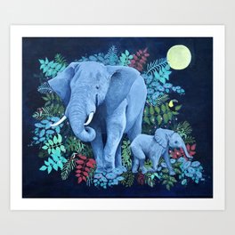 Moonlight Elephants Art Print