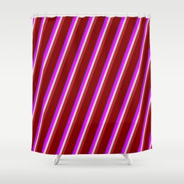 [ Thumbnail: Eye-catching Purple, Fuchsia, Light Grey, Red, and Maroon Colored Striped/Lined Pattern Shower Curtain ]