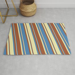 [ Thumbnail: Blue, Pale Goldenrod, and Sienna Colored Stripes/Lines Pattern Rug ]