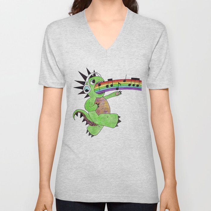 Rainbow Singing Dinosaur  V Neck T Shirt