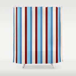 [ Thumbnail: Sky Blue, Blue, Beige & Maroon Colored Stripes Pattern Shower Curtain ]