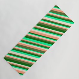 [ Thumbnail: Vibrant Green, Beige, Light Salmon, Dark Olive Green & Dark Green Colored Striped/Lined Pattern Yoga Mat ]