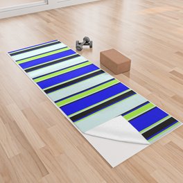 [ Thumbnail: Blue, Light Green, Light Cyan & Black Colored Striped/Lined Pattern Yoga Towel ]