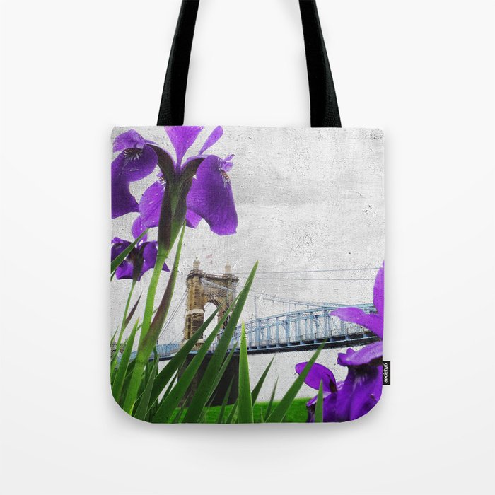 Roebling Suspension Bridge w Purple Iris Tote Bag