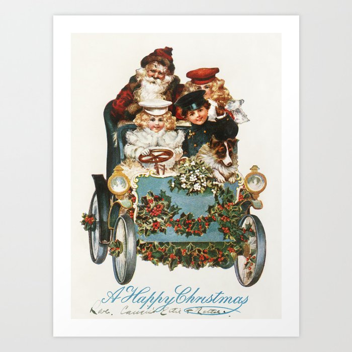 Vintage Santa Claus and Children in a Festive Ride Art Print