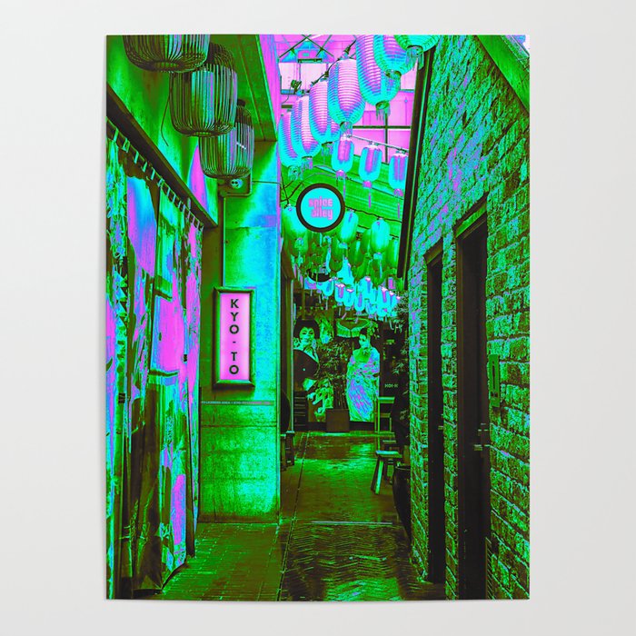 Kyoto Japan City Alley with Geisha Vaporwave Poster