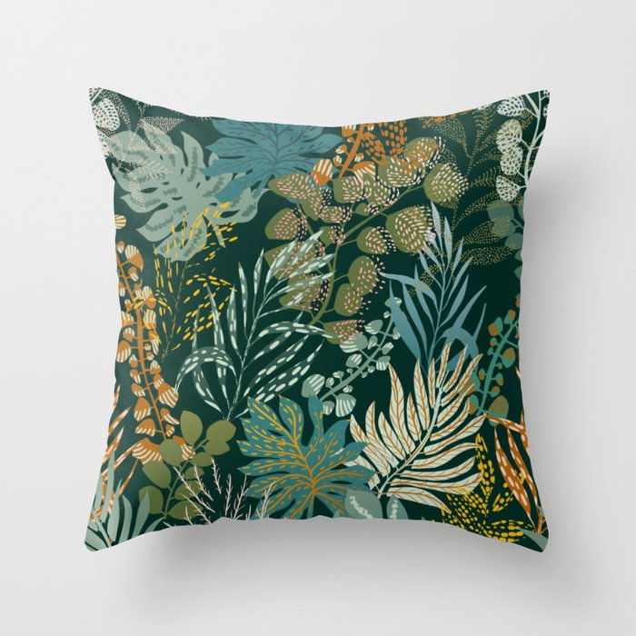 tropical night emerald leaves Throw Pillow