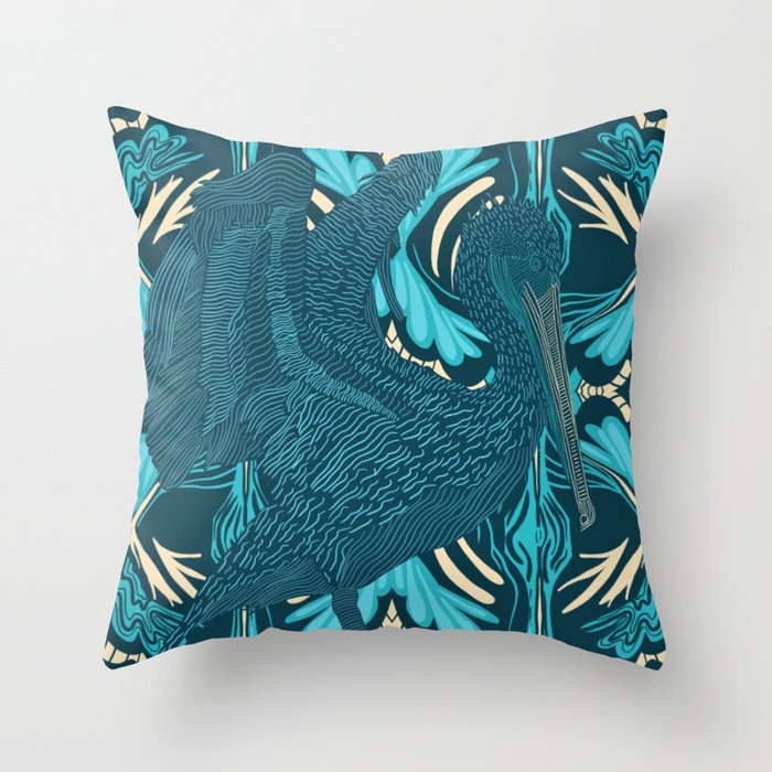 Open winged pelican with turquoise and yellow patterned background Throw Pillow