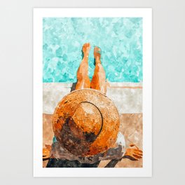 By The Pool All Day, Summer Travel Woman Swimming, Tropical Fashion Bohemian Painting Art Print