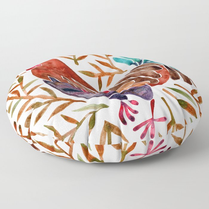 Le Coq – Watercolor Rooster with Sepia Leaves Floor Pillow