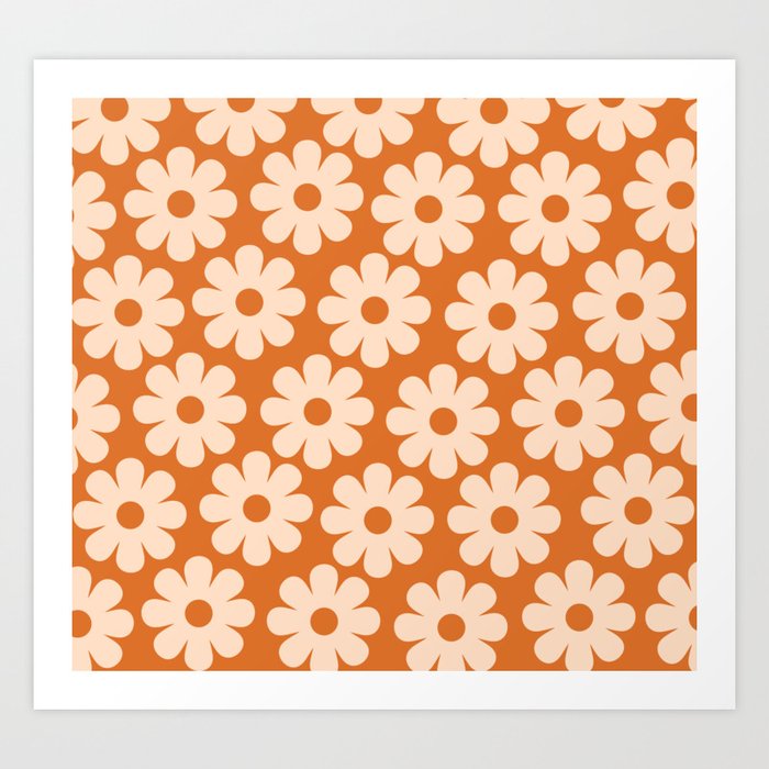 Sweet Retro Flowers Floral Pattern Orange and Cream Art Print