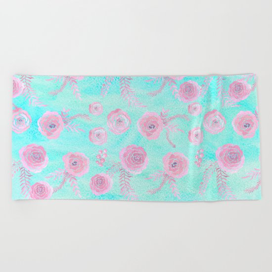 Peony Pattern Pink And Mint Beach Towel