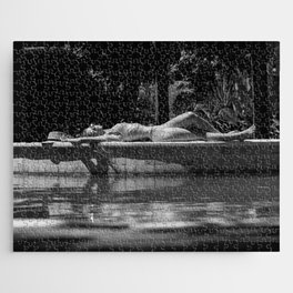 Sweet dreams; reclining female in bikini amid tropical landscape poolside black and white portrait photograph - photography - photographs Jigsaw Puzzle