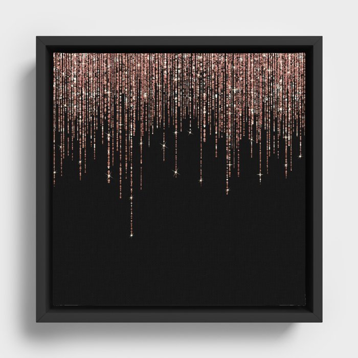 Luxury Black Rose Gold Sparkly Glitter Fringe Framed Canvas