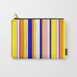 [ Thumbnail: Eye-catching Dark Orange, Blue, White, Light Pink, and Yellow Colored Stripes Pattern Carry-All Pouch ]
