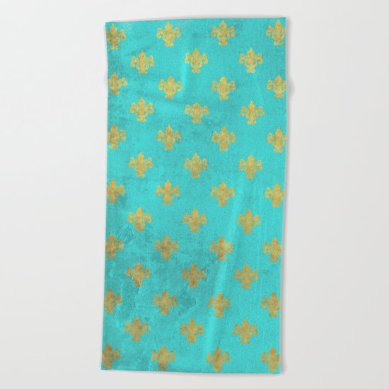 Queenlike on aqua I Gold Heraldry elements on turquoise background Beach Towel