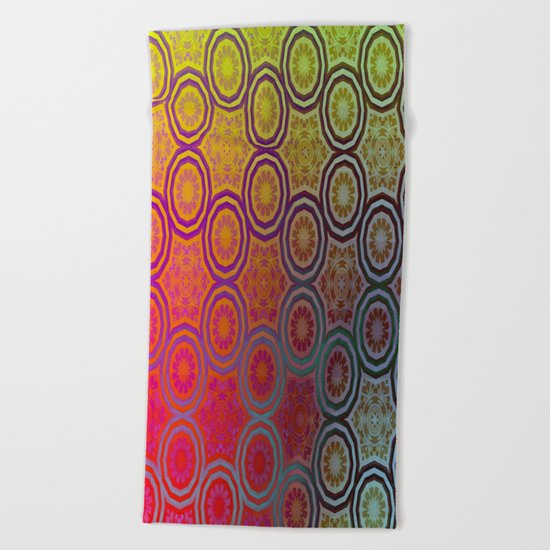 Pink, Purple, Yellow, and Orange Circles and Cogs Beach Towel