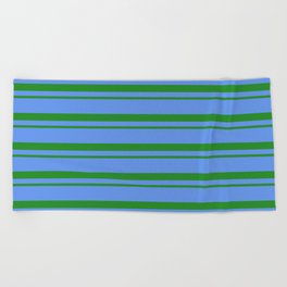 [ Thumbnail: Forest Green & Cornflower Blue Colored Lined Pattern Beach Towel ]